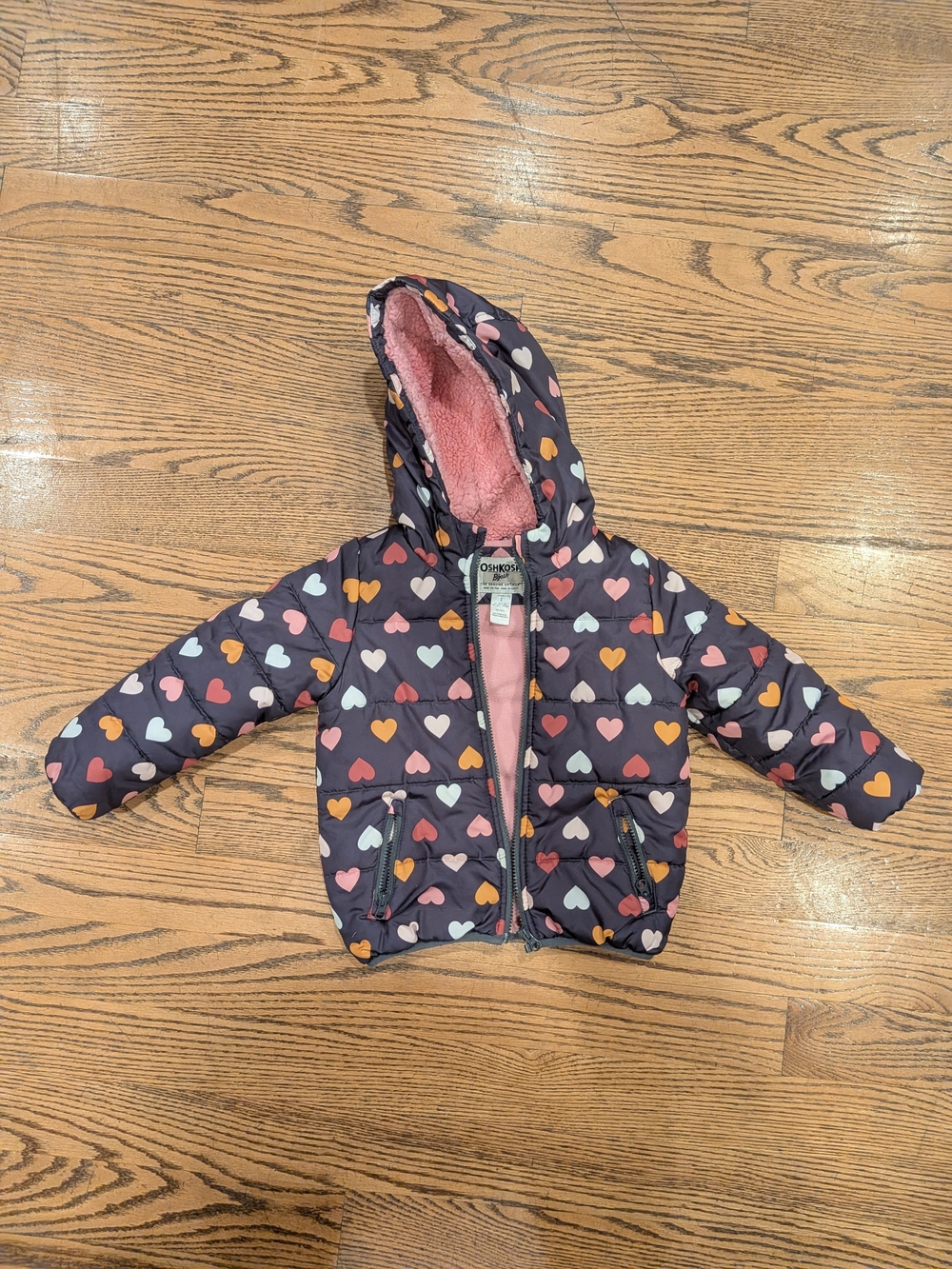 OshKosh B'gosh Puffer Jacket with Pink Lining & Coloured Hearts 💛🩷🤍